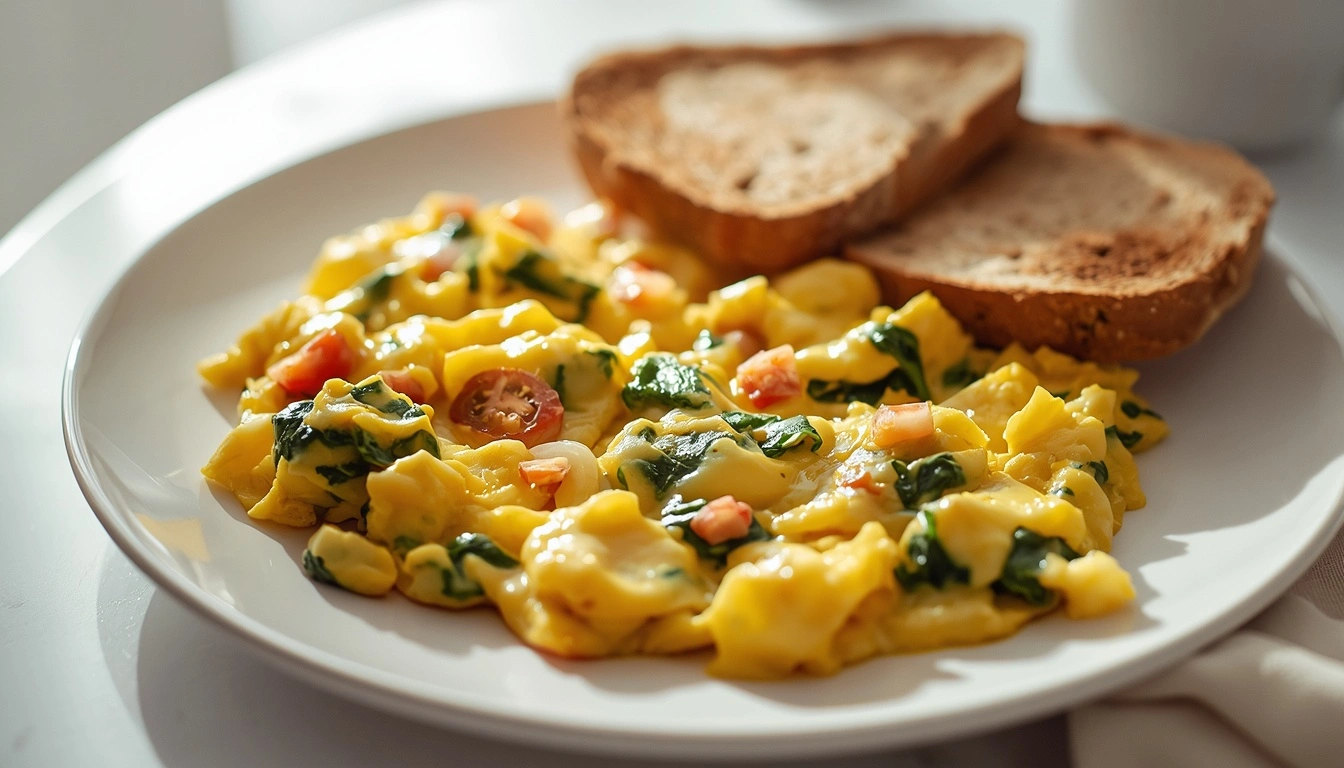 Three scrambled eggs with vegetables and whole-grain toast