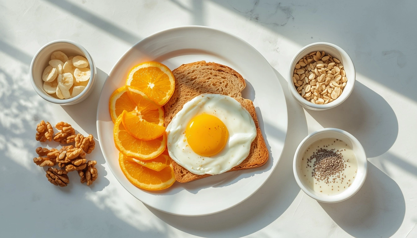 Quick pregnancy breakfast ideas with eggs, toast, fruit and yogurt