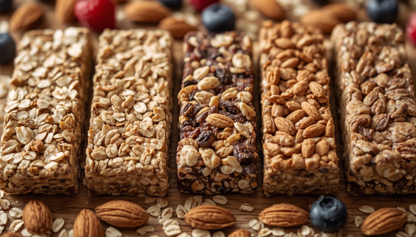 Different types of healthy snack bars including oat, protein, granola, and nut bars.