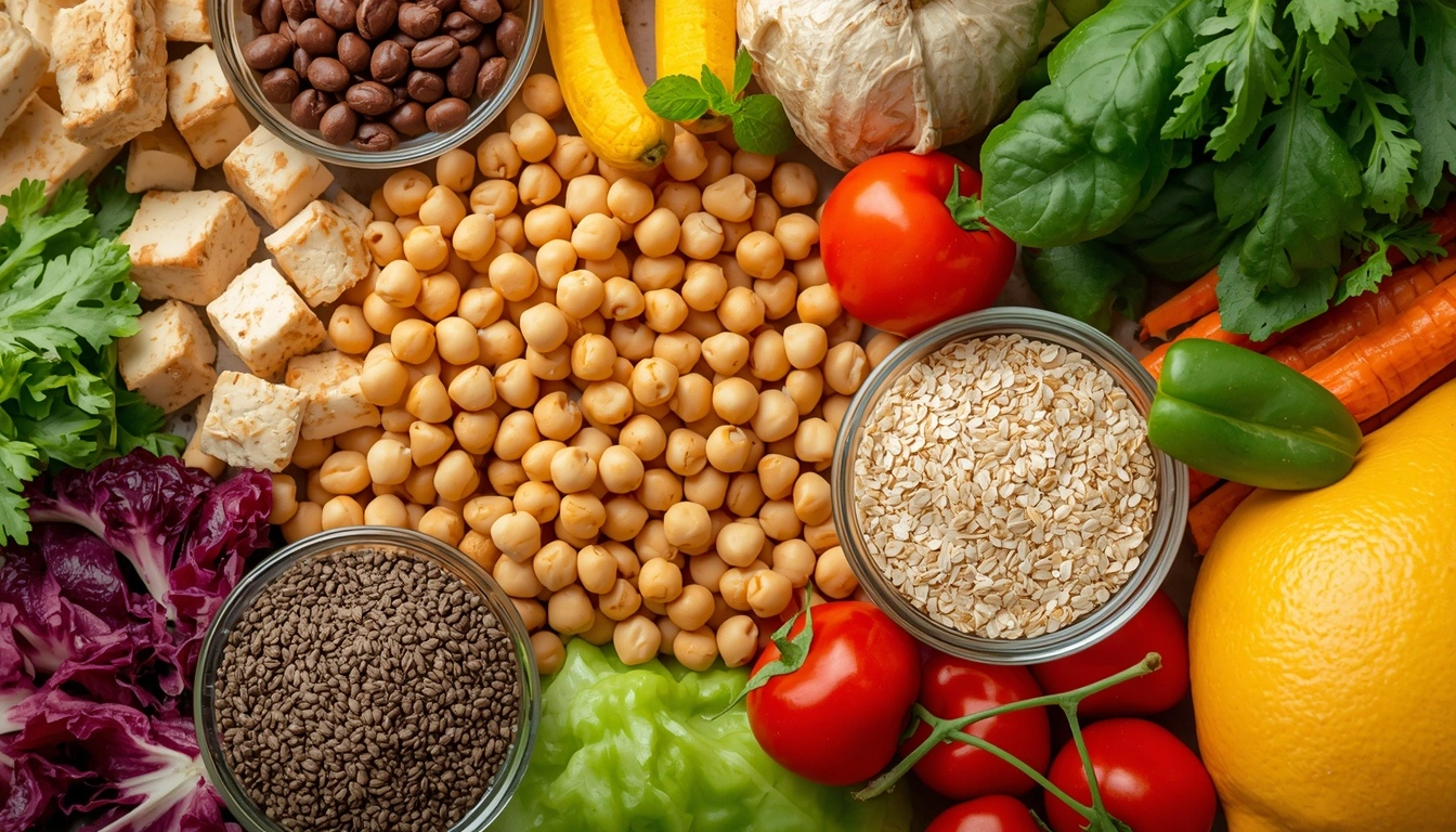 Plant based vegan foods including tofu lentils beans seeds and vegetables for weight management