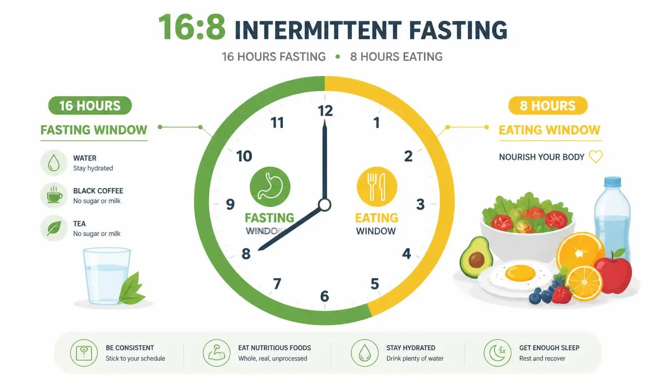 16:8 intermittent fasting schedule showing fasting and eating window