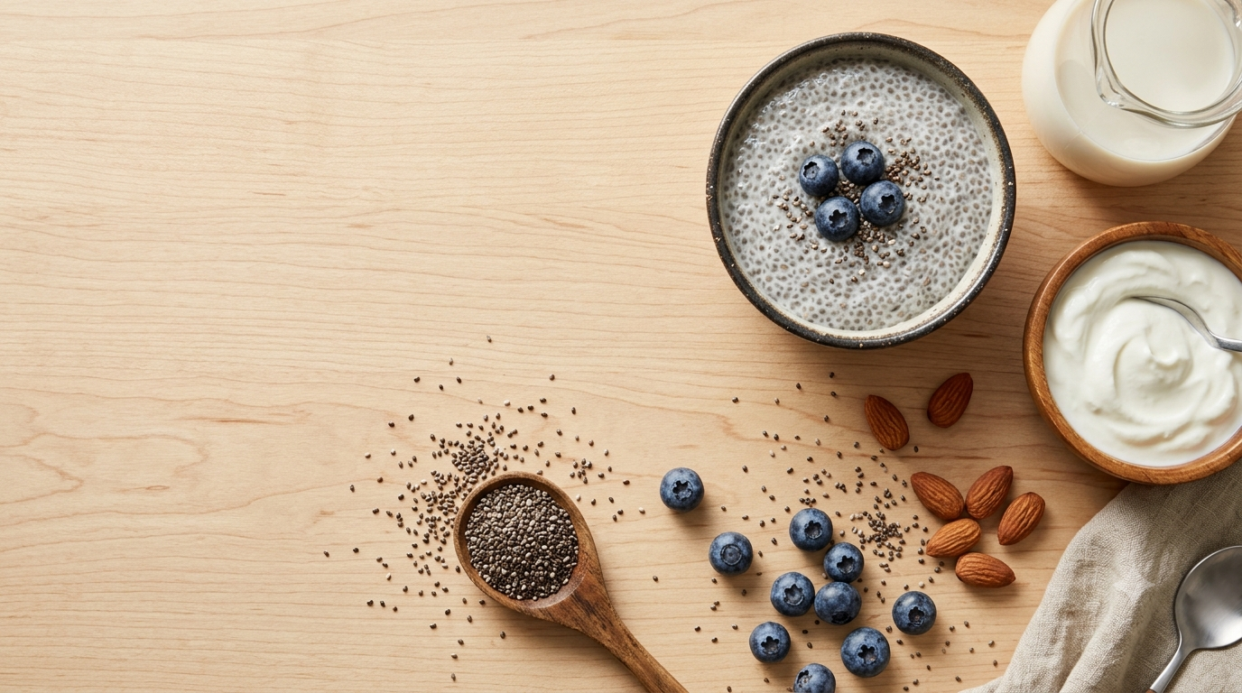 Chia seeds and chia seed pudding with milk, yogurt, berries and almonds