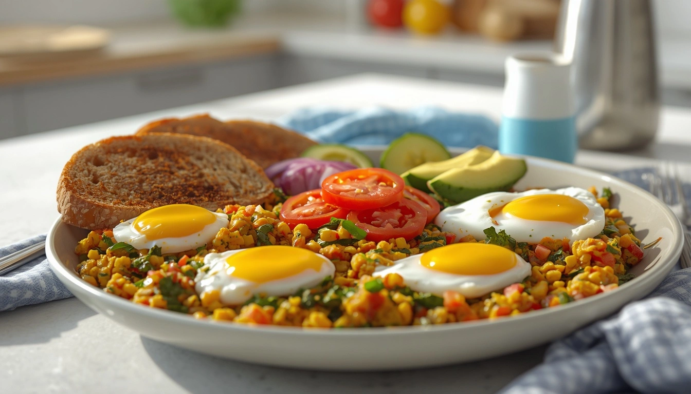 High-protein meal made with five eggs and vegetables