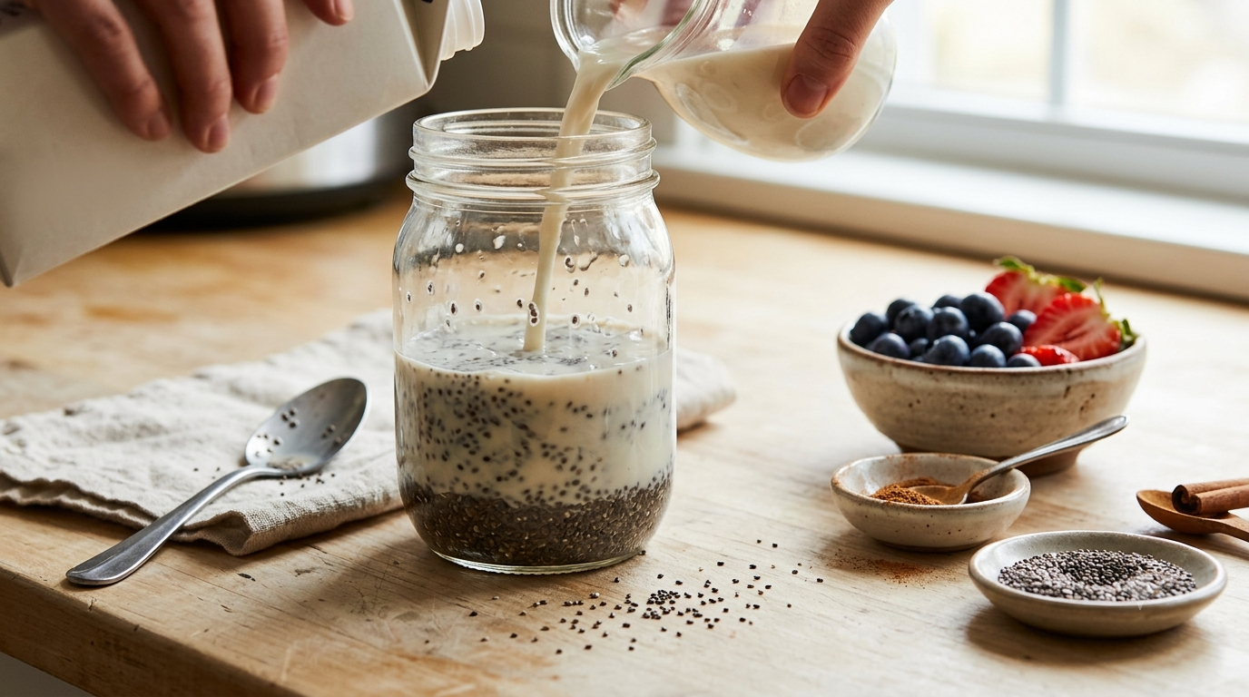 Homemade chia seed pudding prepared with milk and fresh berries
