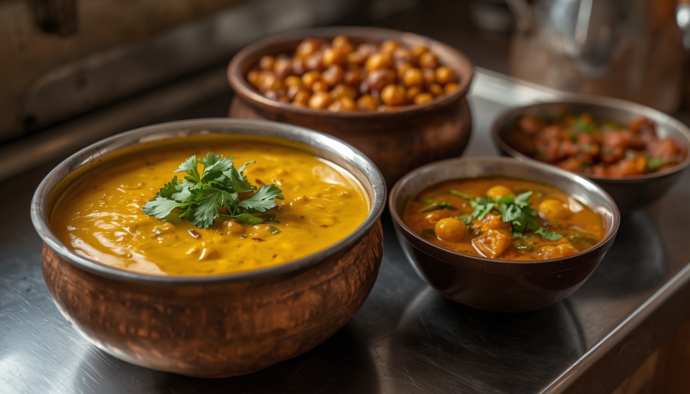 Bowls of homemade dal, chana masala and rajma, protein-rich Indian staples for a PCOS-friendly meal