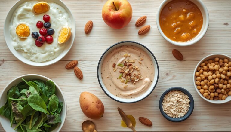 Healthy PCOS diet foods including eggs, dahi, dal, roasted chana, spinach, apple and almonds on a wooden table
