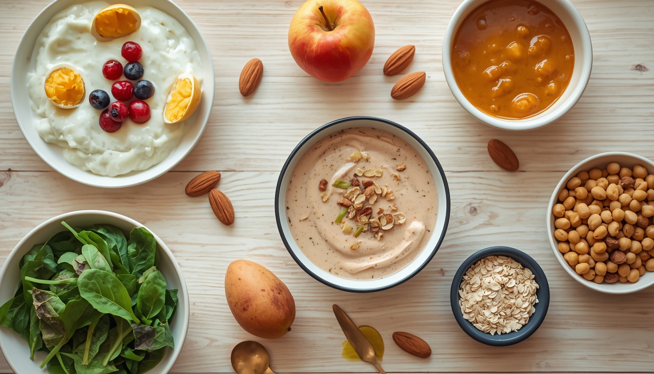 Healthy PCOS diet foods including eggs, dahi, dal, roasted chana, spinach, apple and almonds on a wooden table