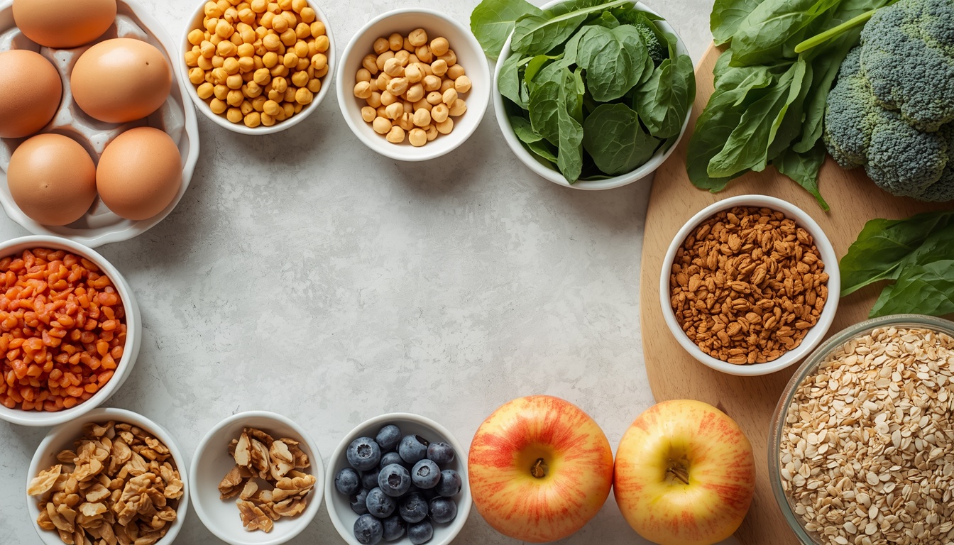 Fresh PCOS-friendly foods like lentils, chickpeas, spinach, berries, nuts and oats arranged in small bowls