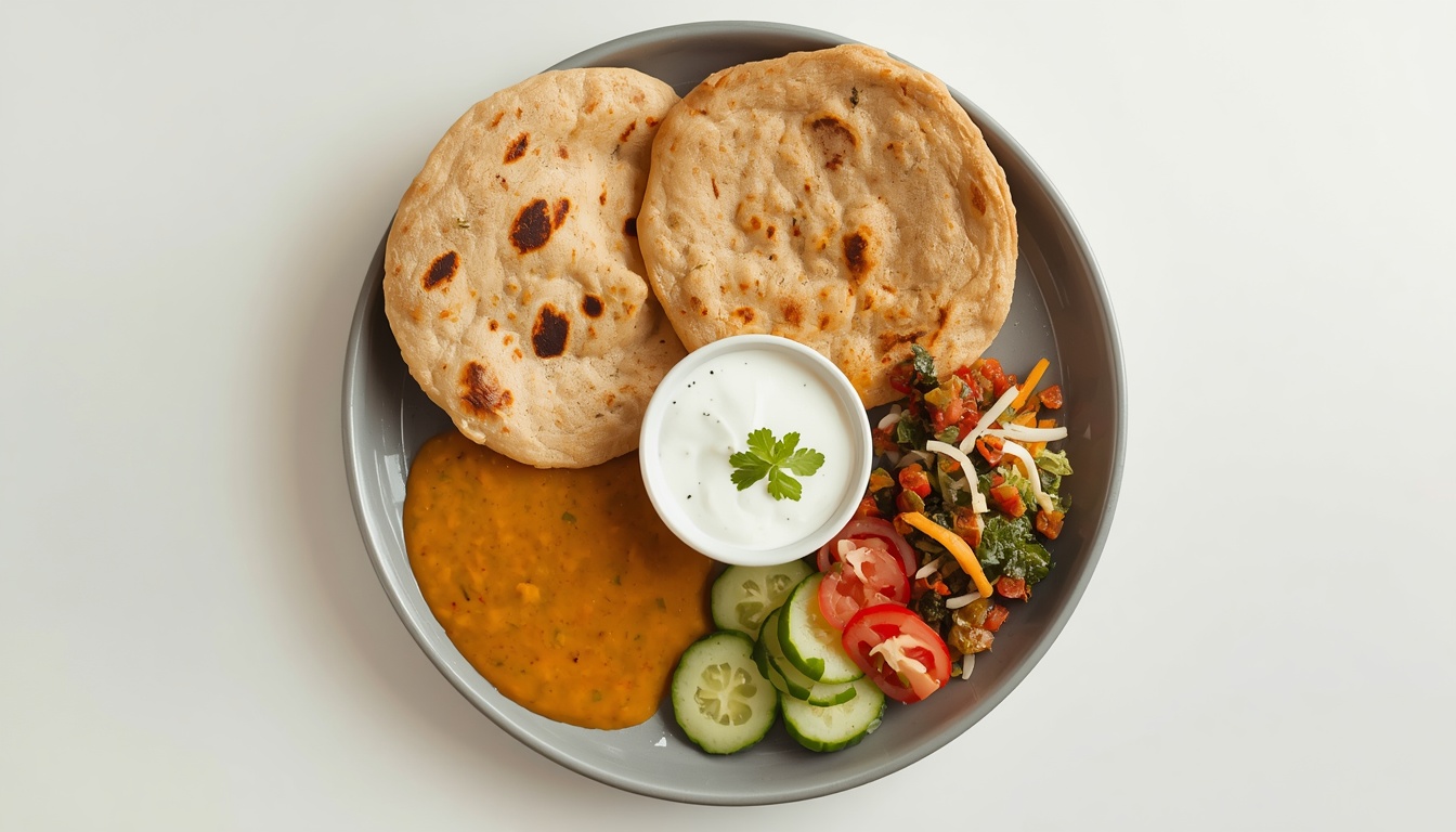 Balanced Indian lunch plate with dal, whole-wheat roti, sabzi, salad and dahi for a simple PCOS diet meal plan