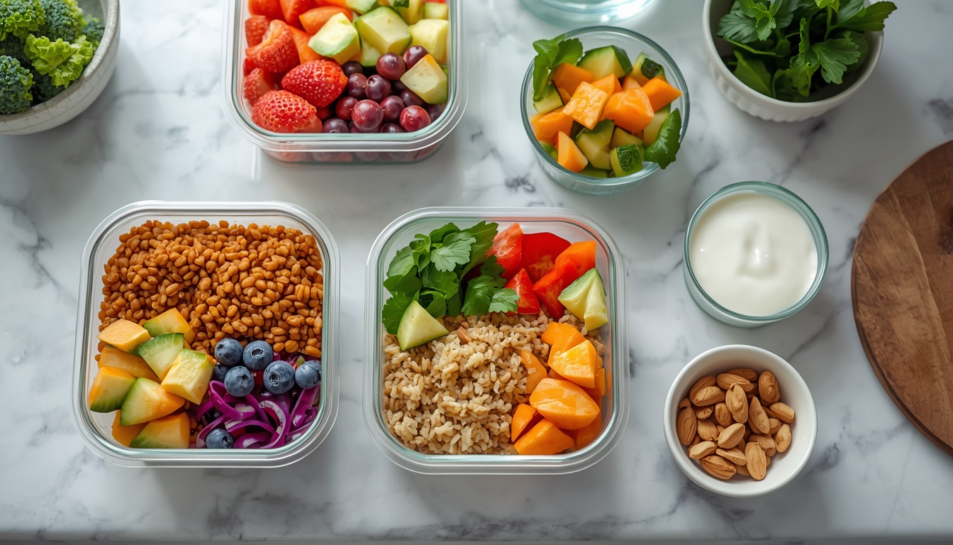 Meal-prep containers with lentils, brown rice, vegetables, fruit, and yogurt